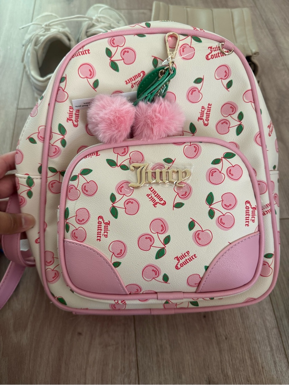 Juicy Couture Pink Cherry Print Mini Backpack with Pom Charm